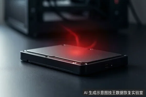深色桌面上平放一个闭合的黑色外接硬盘盒，顶部有红色光效示意故障或过热，背景为模糊的黑色设备。