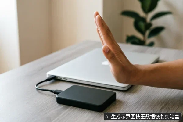 一只手掌在连接着笔记本电脑的黑色移动硬盘前做出停止手势,示意切断电源或禁止操作。画面直观展示了当设备出现异常时,应立即止损、保持静止并避免进一步干预的紧急处理原则。