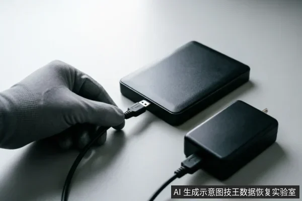 一只戴着手套的手正将USB数据线插入黑色移动硬盘的接口，旁边放置着一个已连接线缆的黑色电源适配器。画面聚焦于设备连接动作，背景简洁，无多余文字或屏幕显示。