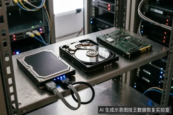 服务器机架环境下的金属架上放置着三块硬盘组件。左侧为连接蓝色指示灯外接盒的完整硬盘,中间为打开盖壳露出盘片与磁头的机械硬盘,右侧为独立的绿色电路板(PCB),背景可见带指示灯的服务器设备。