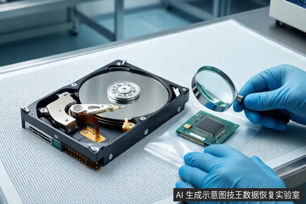 白色防静电工作台上,左侧平放一块打开外壳的机械硬盘,右侧防静电袋内装有一块绿色电路板。一双戴蓝色手套的手持放大镜悬停在电路板上方。