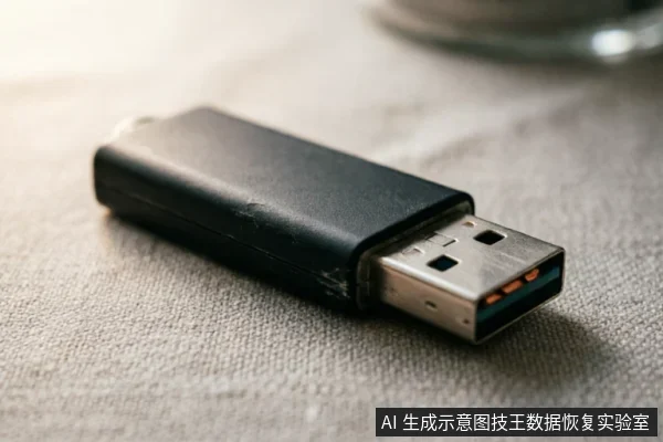 一个黑色的USB闪存盘（U盘）平放在浅灰色织物表面上，金属接口朝向右侧，内部可见蓝色塑料片，表明其为USB 3.0接口。