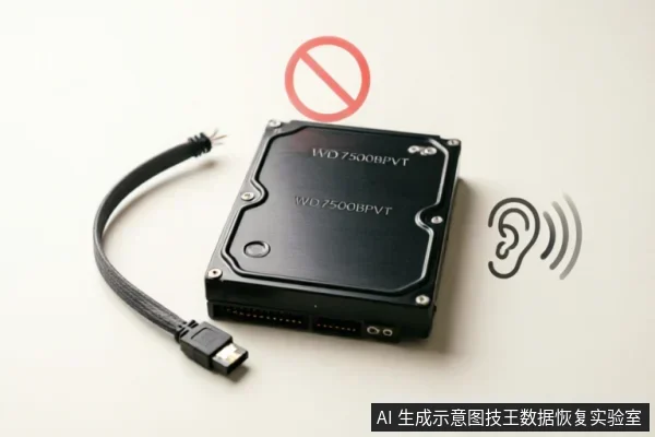 图中展示了一块带有USB数据线的WD 7500BPVT硬盘，右侧绘有耳朵及声波图标表示异响，上方叠加红色禁止符号。该画面直观示意当硬盘出现异常声音时应立即停止操作，符合文中关于识别硬件故障并避免高风险尝试的说明。