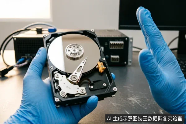 一双戴着蓝色防静电手套的手托举着一个已打开盖板的机械硬盘，清晰展示了内部的磁盘盘片与读写磁头组件。背景虚化显示有服务器设备及连接线缆，呈现出专业硬件检测或数据恢复实验室的工作场景。