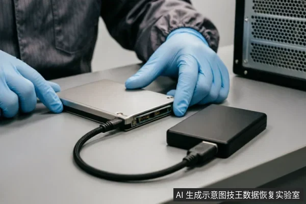 戴着蓝色防静电手套的技术人员双手托举一块银色机械硬盘,硬盘通过黑色数据线连接至右侧的黑色外接盒,背景可见服务器机柜局部,展示专业环境下的硬件检测场景。