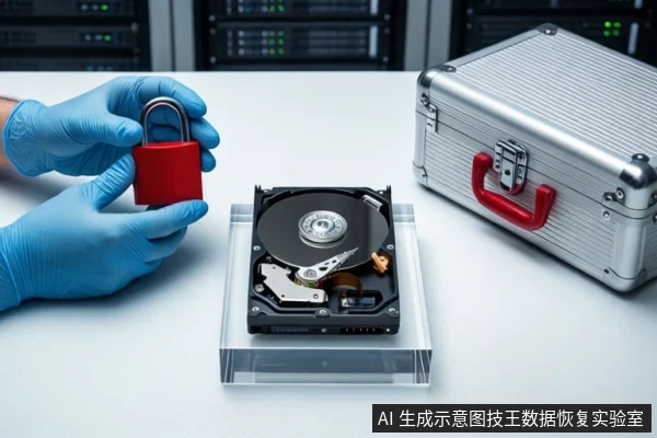 白色防静电工作台上,中间透明底座上平放一块打开外壳的机械硬盘,左侧一双戴蓝色手套的手正持握一把红色挂锁,右侧为挂有红色挂锁的银色金属防震箱,背景可见服务器机柜。