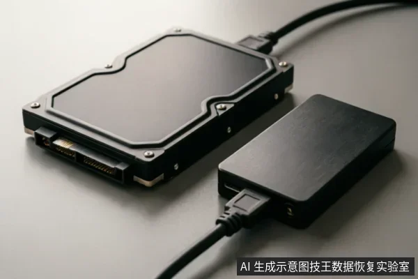 图中展示了一块裸露接口的机械硬盘通过数据线连接至一个黑色的外部转接盒(或USB控制器)。该场景直观呈现了硬盘的外部连接状态,常用于说明数据恢复前的硬件连接排查、只读评估环境搭建或接口识别测试环节。