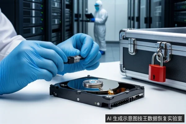 洁净室白色桌面上,戴蓝色手套的双手正持握一个黑色SATA数据线插头,下方平放一块打开外壳的机械硬盘,右侧为挂有红色挂锁的银色金属防震箱,背景为模糊的服务器机柜和一名穿无尘服的技术人员。