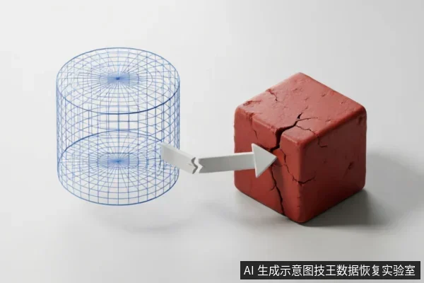 画面展示了一个蓝色线框圆柱体通过白色箭头指向一个表面开裂的红色立方体。线框代表抽象的逻辑数据或软件层面,而破损的实体方块象征遭受物理损坏的存储介质,直观表达了物理故障无法单纯依靠软件手段修复的概念。