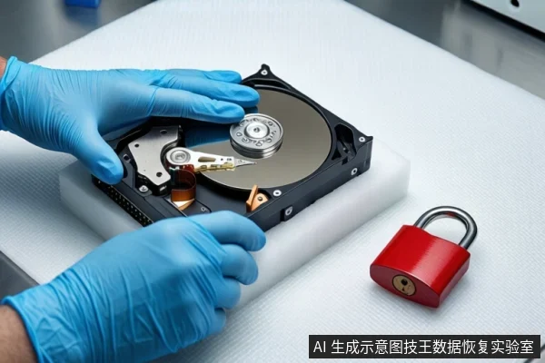 白色防静电垫上平放一块打开外壳的机械硬盘,可见盘片、主轴和磁头臂。前景一双戴蓝色手套的手正持握硬盘边缘,呈检查或准备操作姿态。右侧平放一把红色挂锁。