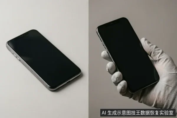 图片分为左右两部分。左侧展示一部黑色智能手机平放在浅色背景上，屏幕熄灭；右侧展示一只戴着白色防护手套的手握持着同款手机。画面强调了佩戴手套接触设备的规范操作，体现了对原始介质的保护与专业处理态度。