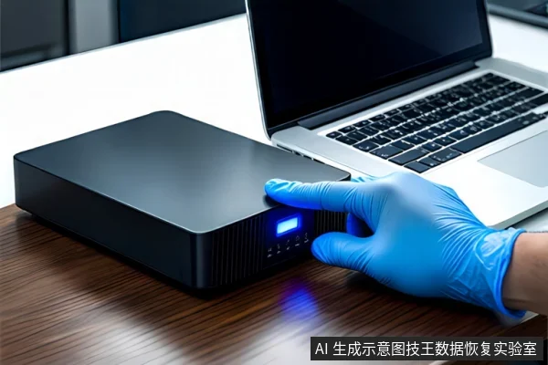 深色木桌上平放一个黑色外接硬盘盒,正面亮着蓝色指示灯。右侧有一台银色笔记本电脑,屏幕关闭。一只戴蓝色手套的手从右侧伸向硬盘盒正面按钮。