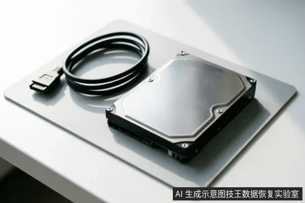 一块3.5英寸机械硬盘与一根SATA数据线平放在白色反光台面上。硬盘金属顶盖完好,旁边整齐盘绕着黑色连接线,无电路板细节展示,光线明亮清晰。