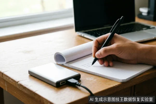 木质桌面上,一只手正握笔在打开的笔记本上记录信息。旁边放置着一个连接了黑色数据线的银色移动硬盘盒,背景有一台笔记本电脑。画面展示了在硬件故障排查过程中,记录设备状态和连接信息的场景。
