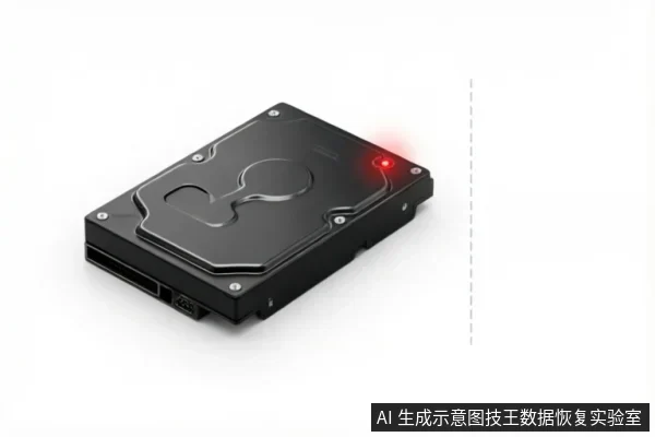 一张黑色机械硬盘的斜侧特写图,重点展示了左下角的SATA数据与电源接口。硬盘右上角亮着一颗醒目的红色指示灯,暗示设备处于故障、报错或异常状态,背景为纯白。