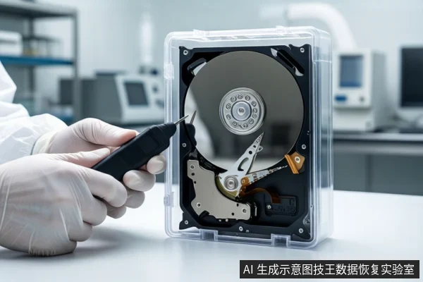 白色桌面上，一个透明防尘箱内平放一块打开外壳的机械硬盘。左侧一双戴白色手套的手正持握黑色工具，尖端指向硬盘内部组件。背景为模糊的实验室设备。