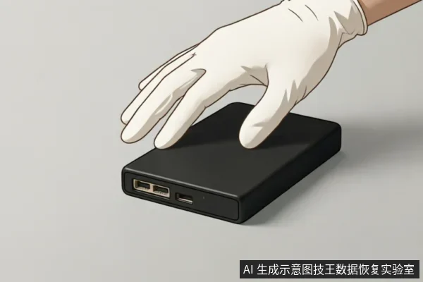 一只戴着白色防护手套的手正悬停或接触一个黑色的移动硬盘，设备侧面可见USB及HDMI等接口。画面展示了在存储设备出现异常时，佩戴手套进行物理隔离或断电处理的操作场景。