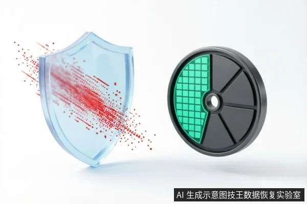 画面展示了一个透明盾牌被红色数据流冲击并产生粒子消散的效果,右侧悬浮着一个黑绿相间的圆形硬盘图标。通过抽象的攻防视觉隐喻,示意数据安全、防护机制或数据擦除与恢复的概念。