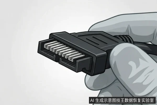 一只戴着灰色防护手套的手正捏住一根黑色数据线的SATA接口端头,清晰展示了接口内部的金属针脚排列与塑料外壳结构。