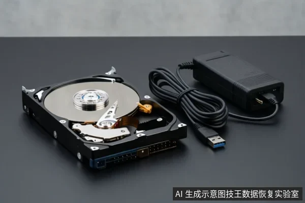 深色桌面上放置一块打开顶盖的机械硬盘，可见盘片、磁头臂与接口；右侧有一根USB数据线和黑色电源适配器。