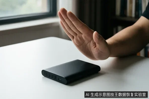白色桌面上放着一个黑色长方形移动硬盘,侧面可见接口和散热孔;右侧一只手掌张开悬停在设备上方,背景有窗户和书架。