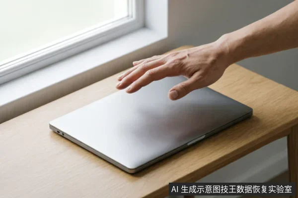 一只悬停在闭合笔记本电脑上方的手,电脑放置在窗边的木质桌面上。画面展示了设备断电或闲置的状态,暗示在遇到硬件识别故障时停止操作、避免通电扫描以保护数据的正确处理方式。