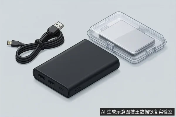 浅灰色背景上展示一个黑色移动硬盘盒、一根USB数据线和一个透明塑料保护盒，三者并排摆放，无操作动作。