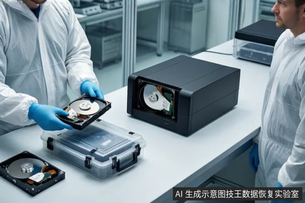 洁净室环境中,左侧技术人员戴蓝色手套双手握持一块打开外壳的机械硬盘,右侧技术人员站立观察。白色桌面上放置一台黑色硬盘克隆设备,设备插槽内已插入一块硬盘,旁边有一个透明防震箱和另一块平放的机械硬盘。