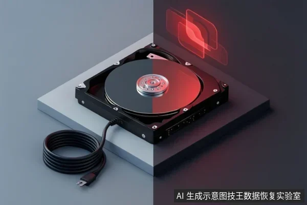 画面中一块打开上盖的机械硬盘放置在灰黑双色台面上，盘片与主轴清晰可见，旁边盘绕着一根USB数据线，背景有红色抽象图形。