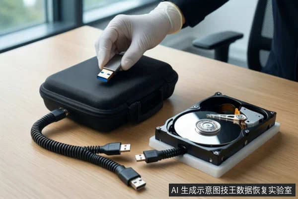 木质桌面上,一只戴白色手套的手正将一个USB加密狗放入黑色防震箱中。旁边平放着一块裸露的机械硬盘,连接着黑色USB线缆。背景为模糊的窗户和办公椅。