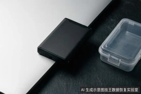 黑色存储设备与透明塑料盒放置在黑白拼接台面上，设备侧边可见接口，画面无操作动作。