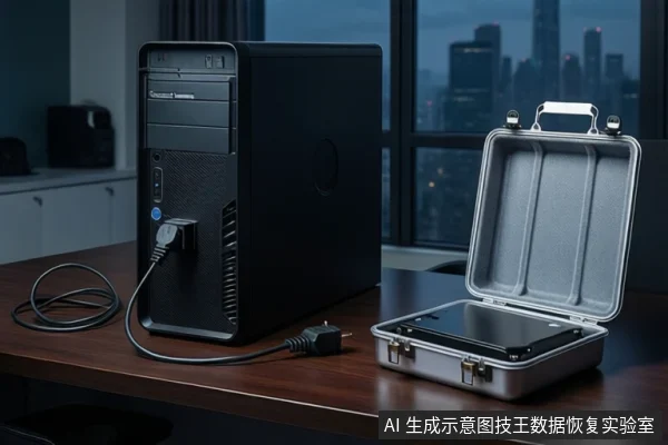 深色桌面上,左侧有一台黑色塔式主机,电源线连接在主机后部;右侧为一个打开的银色金属防震箱,箱内平放一块黑色硬盘,背景为模糊的城市夜景。