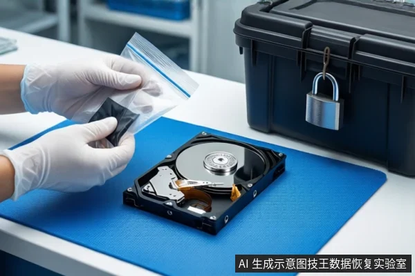 白色台面上铺着蓝色防静电垫,中间平放一块打开外壳的机械硬盘。左侧一双戴白手套的手正握持一个透明自封袋,袋内装有一个黑色小配件。右侧是一个挂着银色挂锁的黑色加固防震箱。