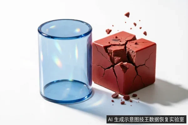 画面展示了一个完好的蓝色透明圆柱体紧挨着一个正在崩裂破碎的红色立方体。红色方块表面布满裂纹,碎片向外飞溅,直观呈现了物体从完整到结构崩溃、遭受破坏的过程。