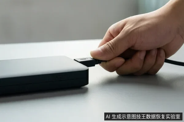 一只手正将USB数据线插入桌面上的黑色移动硬盘,背景为浅色室内环境。