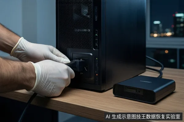 木质桌面上，左侧竖立一台黑色塔式主机，前景一双戴白手套的手正在拔插主机后部的黑色线缆。右侧平放一个黑色外接硬盘盒，背景为模糊的城市夜景。