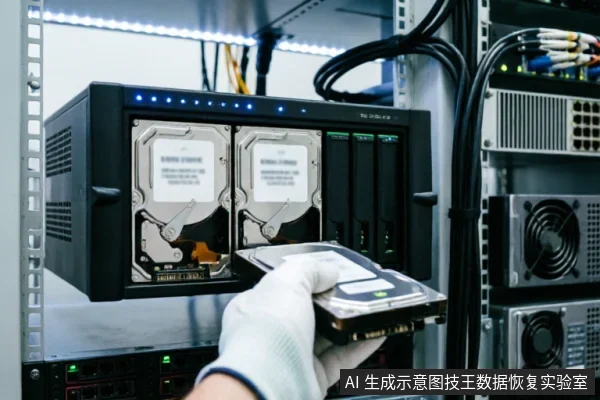 一名佩戴白色防静电手套的技术人员正在服务器机柜前，将一块机械硬盘插入黑色的多盘位存储阵列设备中。背景可见理线整齐的网线和电源模块，展示了专业硬件环境下的存储介质操作场景。