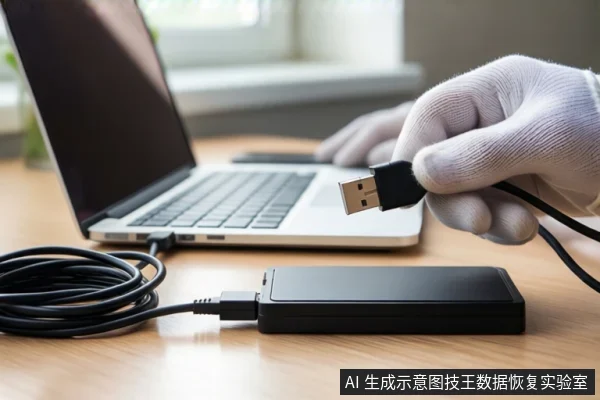 木质桌面上放置一台银色笔记本电脑和一个黑色移动硬盘。右侧一只戴白色手套的手正握持一根黑色USB线缆的插头,悬停在硬盘上方。左侧桌面上盘绕着一卷黑色线缆,背景为模糊的窗户。
