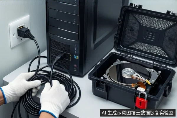 白色桌面上,左侧黑色主机连接着插入墙壁插座的电源线,前景戴白手套的双手正在整理盘绕的黑色线缆。右侧黑色防震箱打开,箱内固定一块机械硬盘并挂有红色挂锁。
