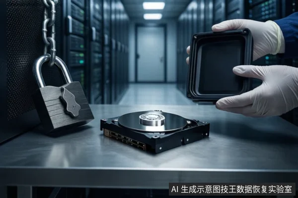 服务器机房金属台面上，左侧放置一把带链条的挂锁，中间平放一块打开外壳的机械硬盘，右侧一双戴白手套的手正握持一个打开的黑色防震箱。