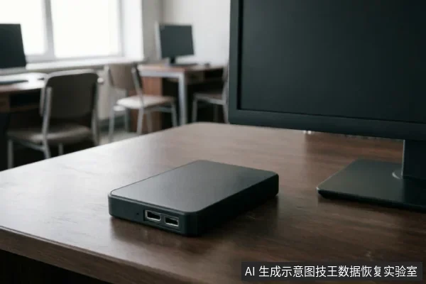 一张黑色外置移动硬盘放置在木质办公桌上，侧面可见两个USB接口及指示灯孔。背景虚化显示电脑显示器及网吧环境，无连接线缆，主体清晰完整。