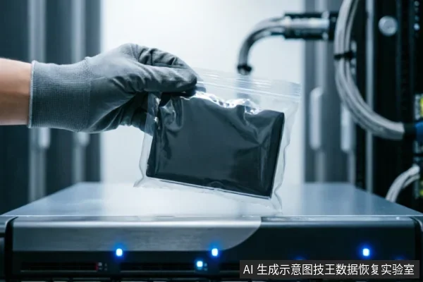 A gloved hand holds a hard drive in an anti-static bag above a server unit with blue lights, illustrating safe handling of storage media.