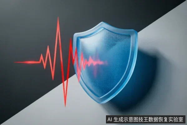 画面展示了一个半透明的蓝色盾牌,正在阻挡一道红色的脉冲波形信号。红色波纹撞击盾牌表面后受阻,象征对异常数据读写指令或硬件故障信号的拦截与防护。