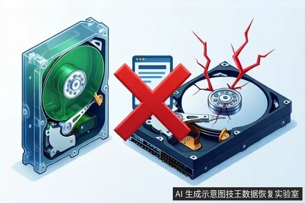 白色背景上，左侧为透明外壳的机械硬盘，右侧为盘片开裂的机械硬盘，中间有红色叉号和蓝色文档图标。