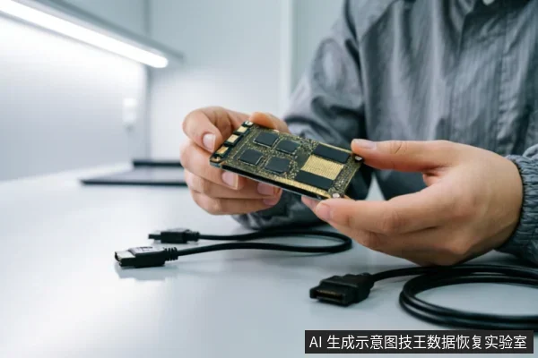 画面展示了一双技术人员的手正拿着一块裸露的电路板（类似SSD主控板）进行仔细检查。桌面上放置着黑色的数据连接线，背景为简洁的工作台环境，体现了专业硬件检测与数据恢复的场景。