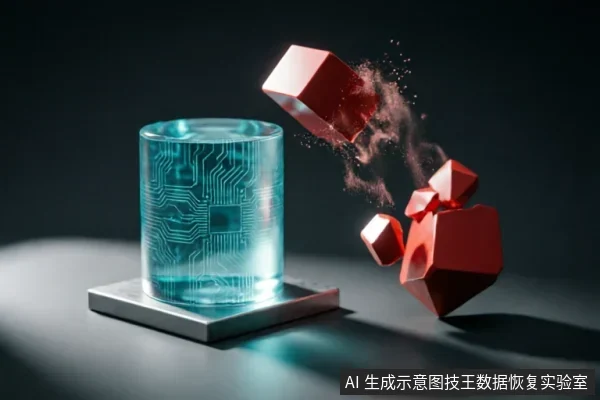 一个印有电路纹理的蓝色透明圆柱体置于底座上,右侧红色几何块体呈破碎崩解状,伴有粉尘飞溅,象征数据逻辑结构的破坏或硬件介质的异常损坏。