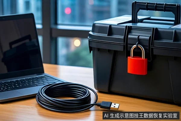 木质桌面上，左侧有一台打开的笔记本电脑，中间盘绕着一根黑色USB数据线，右侧是一个闭合的黑色防震箱，箱上挂着一把红色挂锁。背景为模糊的窗户和城市夜景。
