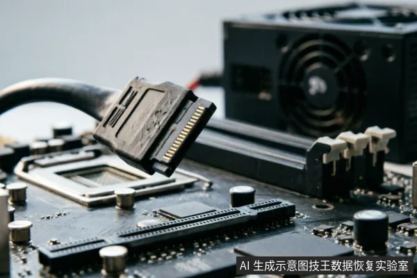 特写镜头展示一根SATA数据线悬停在电脑主板上方,背景可见电源供应器。画面聚焦于接口与主板插槽,模拟检查硬件连接的状态,用于说明排查硬盘无法识别时的物理连接步骤。