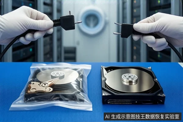 蓝色防静电垫上并排平放两块打开外壳的机械硬盘，左侧硬盘装在透明自封袋内。上方一双戴白色手套的手分别握持两个黑色电源插头，悬停在硬盘上方。背景为模糊的服务器机柜和圆形洁净设备。