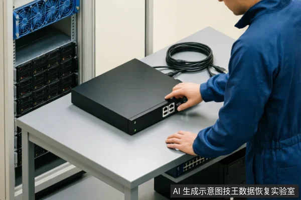 一名身穿蓝色工装的技术人员正在操作台上调试一台黑色盒式存储设备,背景为服务器机柜。画面展示了专业数据恢复或硬件检测环境中的设备连接与状态检查场景。